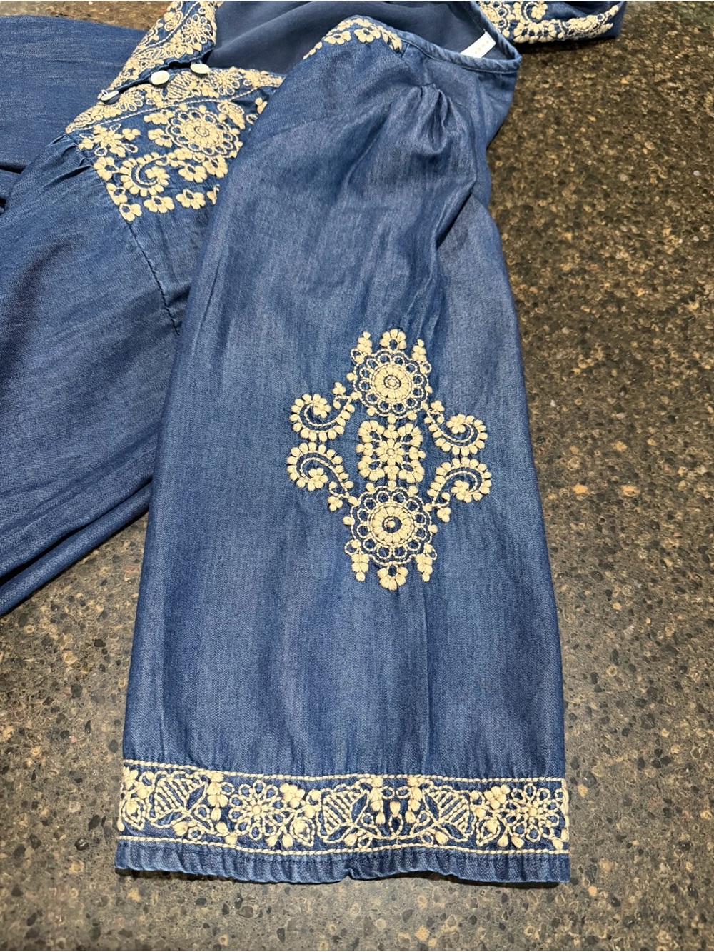 Rock Flower Paper Blue Jean Beige Embroidered Floral Women's Dress Lightweight - Picture 6 of 11
